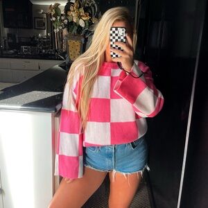 Pink checkered long sleeve sweater